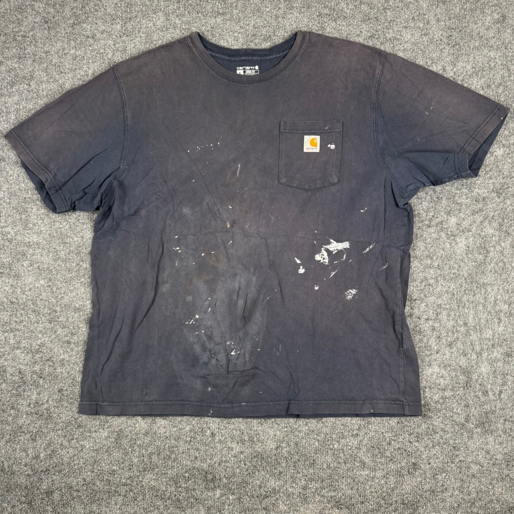 Carhartt T-Shirt Mens XL Blue Loose Fit Pocket Distressed Paint Splatter Work